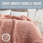 Chunky Knit Blanket Throw - 50"X60" 3.7 Lbs.- Soft Chenille Yarn Knitted Blanket -Machine Washable Crochet Blanket - Handmade Cable Knit Throw Blanket for Couch, Bed (Blush Pink)