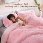 Fluffy Queen Comforter Set, Faux Fur Pink Comforter Set Queen Size, Luxury Fuzzy Bedding Set, Soft Shaggy Bed Set Pink for All Season, 3 Pieces - 1 Comforter & 2 Pillowcases