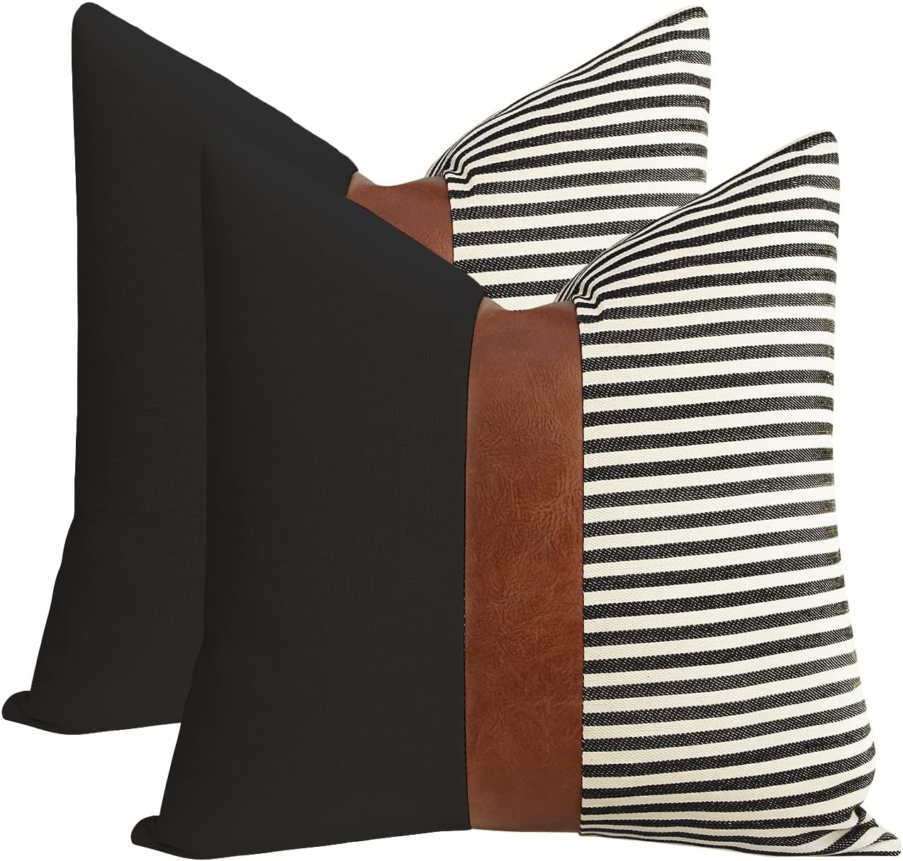 20X20 Pillow Covers Set of 2 Farmhouse Decor Stripe Patchwork Linen Throw Pillow Covers Modern Faux Leather Covers for Couch Sofa,Black