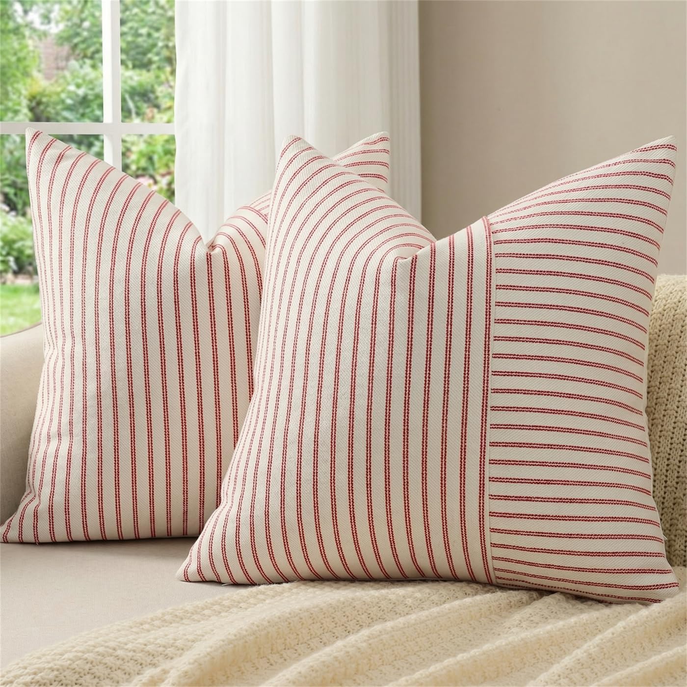 Farmhouse Pillow Covers 18X18, Modern Accent Square Throw Pillow Covers Set of 2, Gray and Beige Striped Patchwork Linen Decorative Pillows Cushion Covers for Couch Chair Bedroom Home Decor