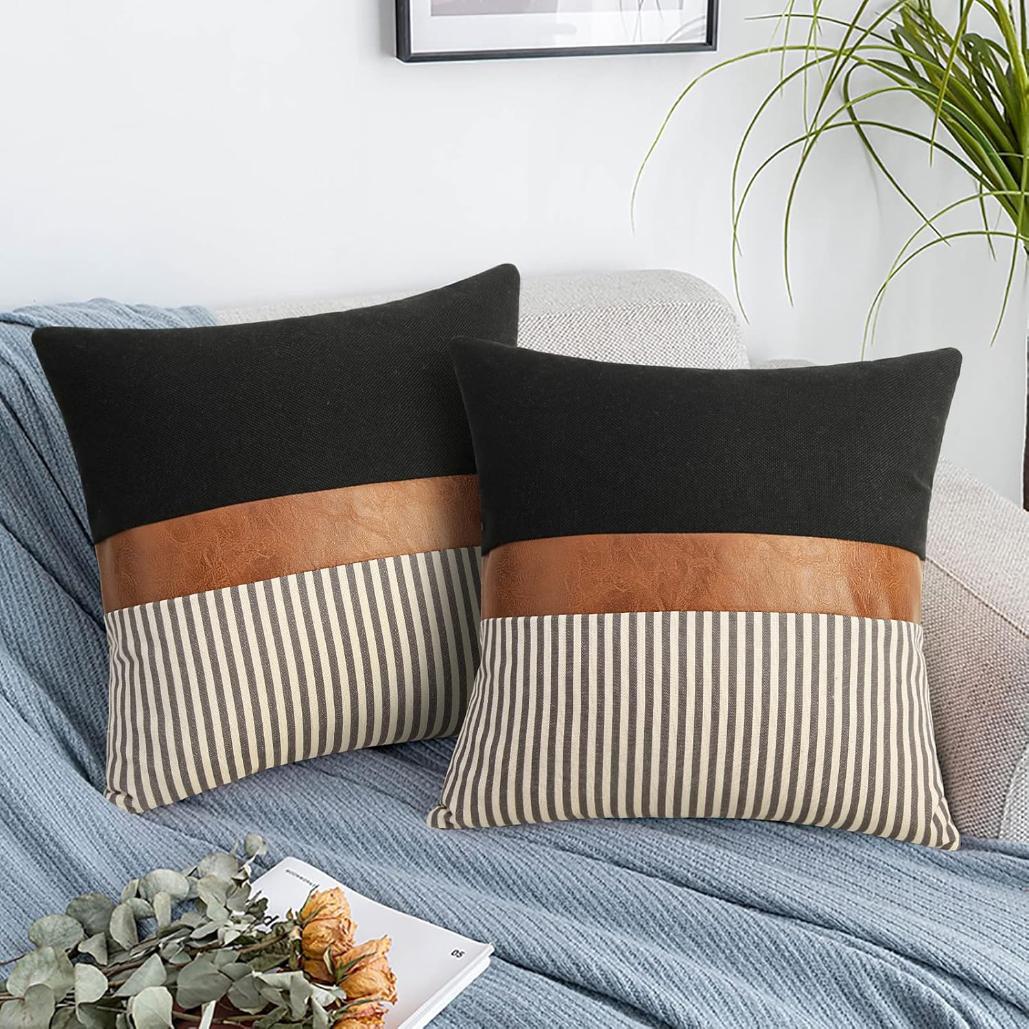 20X20 Pillow Covers Set of 2 Farmhouse Decor Stripe Patchwork Linen Throw Pillow Covers Modern Faux Leather Covers for Couch Sofa,Black
