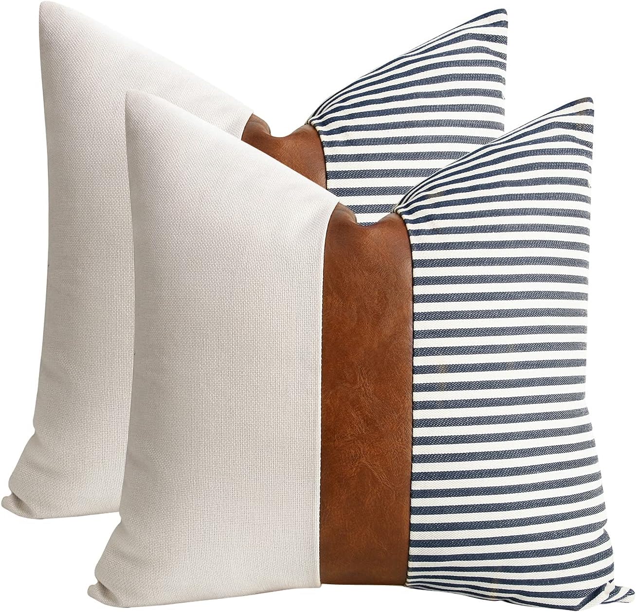 20X20 Pillow Covers Set of 2 Farmhouse Decor Stripe Patchwork Linen Throw Pillow Covers Modern Faux Leather Covers for Couch Sofa,Black