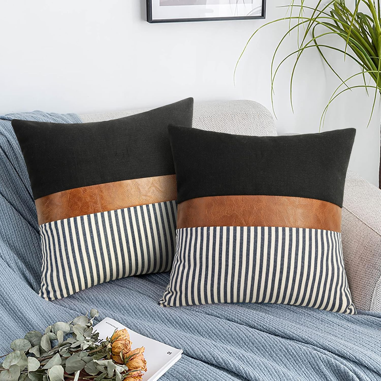20X20 Pillow Covers Set of 2 Farmhouse Decor Stripe Patchwork Linen Throw Pillow Covers Modern Faux Leather Covers for Couch Sofa,Black