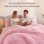 Fluffy Queen Comforter Set, Faux Fur Pink Comforter Set Queen Size, Luxury Fuzzy Bedding Set, Soft Shaggy Bed Set Pink for All Season, 3 Pieces - 1 Comforter & 2 Pillowcases